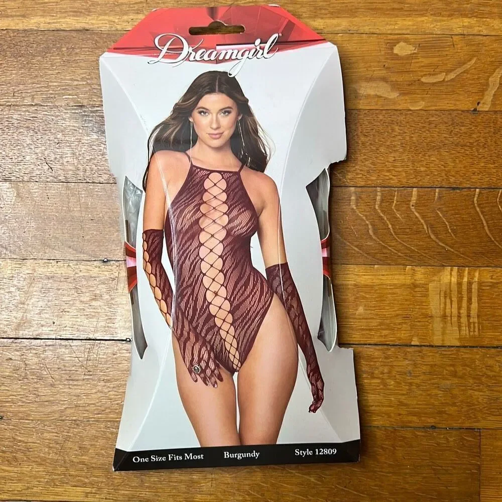 Dreamgirl Seamless Zebra Fishnet Teddy And Glove Set Burgundy One Size New